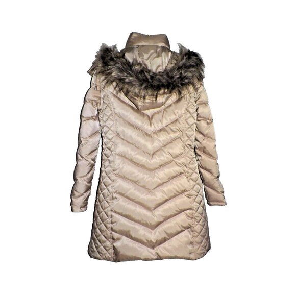 Women's M Reaction Kenneth Cole GIII Down Puffer Coat Satin Champagne Fur Hood - Picture 3 of 14